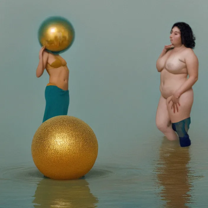 Prompt: a color photograph, closeup portrait of three women wrapped in gold, standing next to a levitating turquoise orb, in a foggy lake, color photograph, by vincent desiderio, canon eos c 3 0 0, ƒ 1. 8, 3 5 mm, 8 k, medium - format print