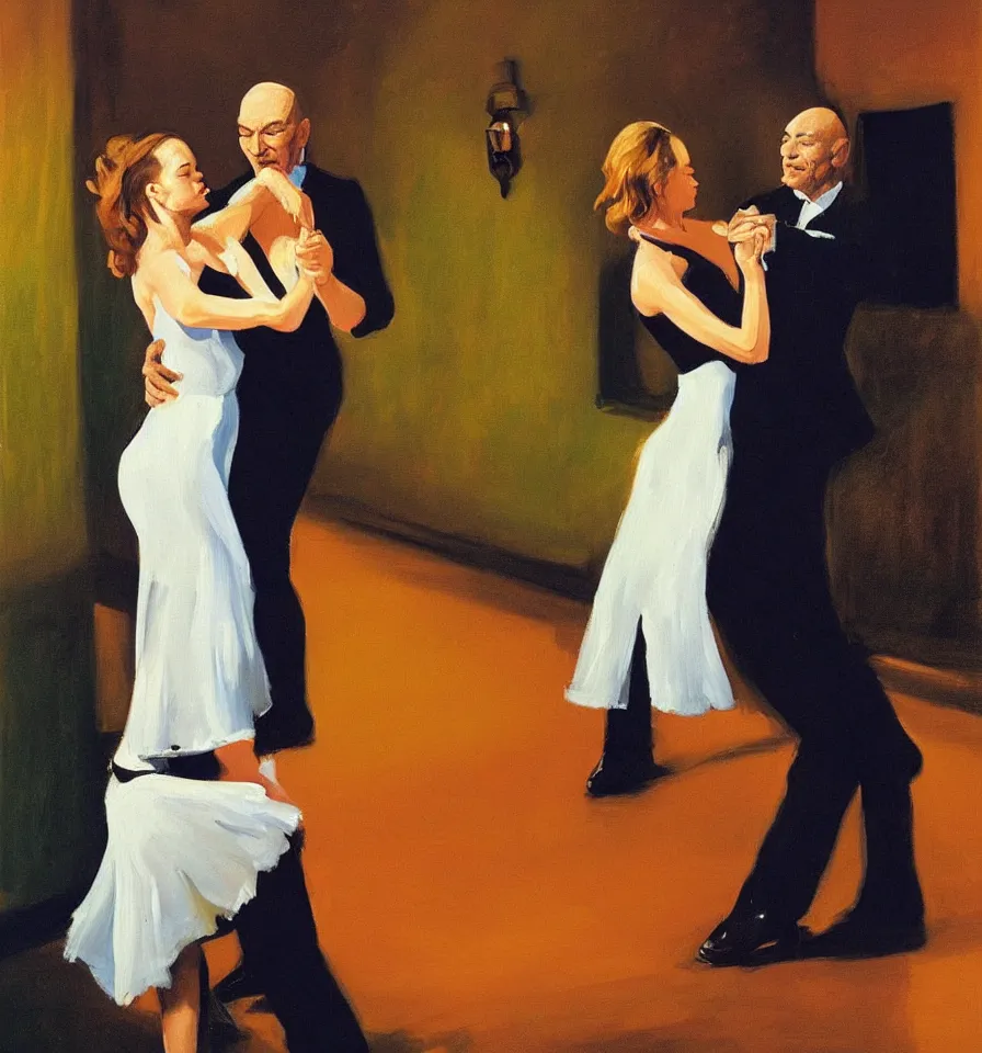 Prompt: A emotional painting of Romy Schneider and Patrick Stewart dancing Tango in a moody spanish club inspired by Edward Hopper and Gustave Courbet.