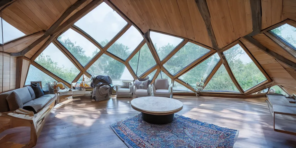 Image similar to interior of a home that is an underwater concrete geodesic dome