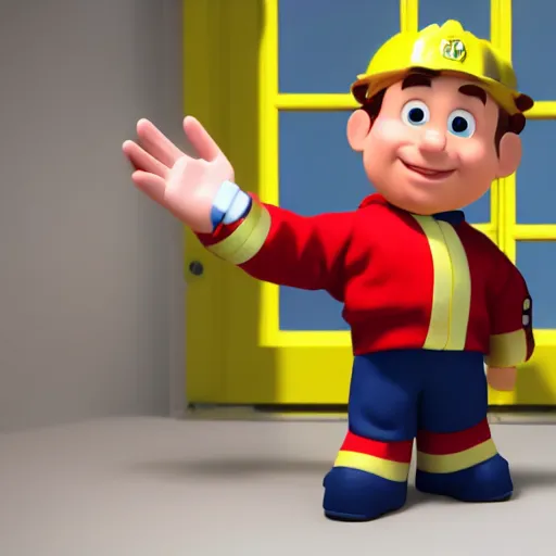 Image similar to sam from fireman sam as a real world character, octane render, volumetric light,