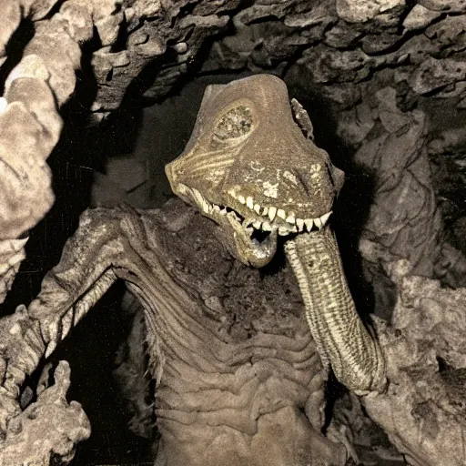 Image similar to photo inside a cavern of a humanoid with lizard skin and a mouth with sharp tooth and black eyes