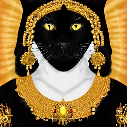 Image similar to a beautiful portrait of Black cat as a queen with a golden crown an jewelry, 8k ultra realistic details, digital art