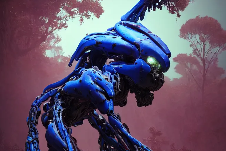 Image similar to portrait of a posed hyper detailed ultramarine burrower evangelion realistic mechanical and fleshy organic creature similar look as horizon forbidden west horizon zero dawn bioluminiscence in a dark deep forest at dawn in spring, with reflection and textures, by kilian eng, substance painter reaslitic mech surface metal painted scratches