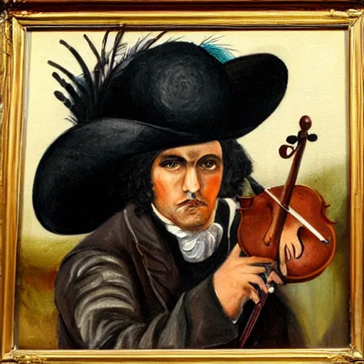 Prompt: an oil painting of a dark hair d Latin pirate with a wide brimmed hat with a feather in it, holding a violin