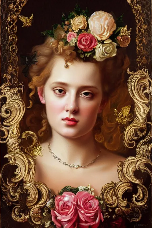 Image similar to hyper realistic painting portrait of the princess of roses, occult diagram, elaborate details, rococo, baroque, gothic, intrincate ornaments, gold decoration, caligraphy, occult art, illuminated manuscript, oil painting, art noveau, in the style of roberto ferri and gustav moreau