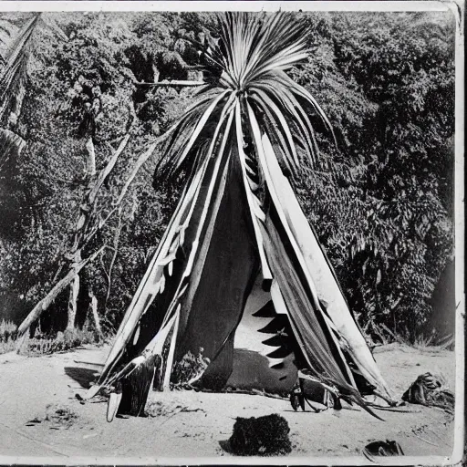 Prompt: lost film footage of a sacred indigenous artifact in the middle of the ( ( ( ( ( ( ( ( ( ( tropical jungle ) ) ) ) ) ) ) ) ) ) / ethnographic object / film still / cinematic / enhanced / 1 9 0 0 s / black and white / grain