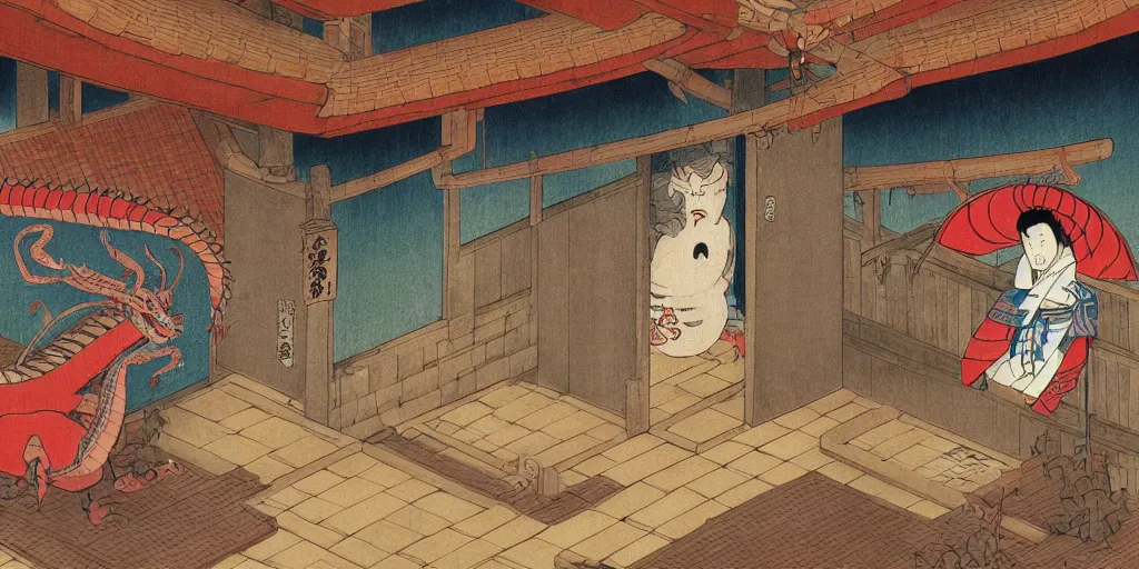 Image similar to an edo - period japanese bath - house filled with wacky characters and spirits. a stunned dragon has crashed through the wooden wall. fantasy art, painting, by studio ghibli, hayao miyazaki, high resolution wallpaper, colorful painting