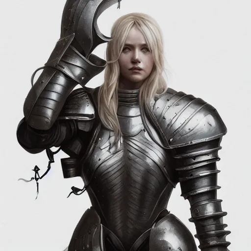 Image similar to full body portrait of a blonde female wearing knight armor, an ultrafine hyperdetailed illustration by tooth wu and wlop and beeple and greg rutkowski, trending on artstation, highly detailed, 4 k, 8 k