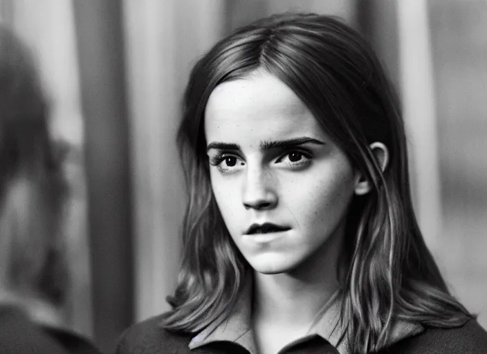 Prompt: photograph. emma watson as hermione granger. behind the scenes. harry potter film set. kodak ektachrome. green tint. rxpired film. extremely detailed. 4 k. award winning.