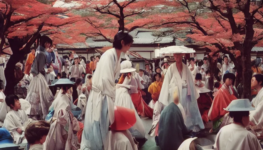 Image similar to movie still by alejandro jodorowsky of a festival in kyoto japan, cinestill 8 0 0 t eastmancolor technicolor, high quality, very detailed, heavy grain, fine facial features, 8 k, octane render