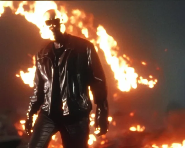 Prompt: Samuel L. Jackson plays Terminator wearing leather jacket and his endoskeleton is visible, walking out of flames, saves pipkachu