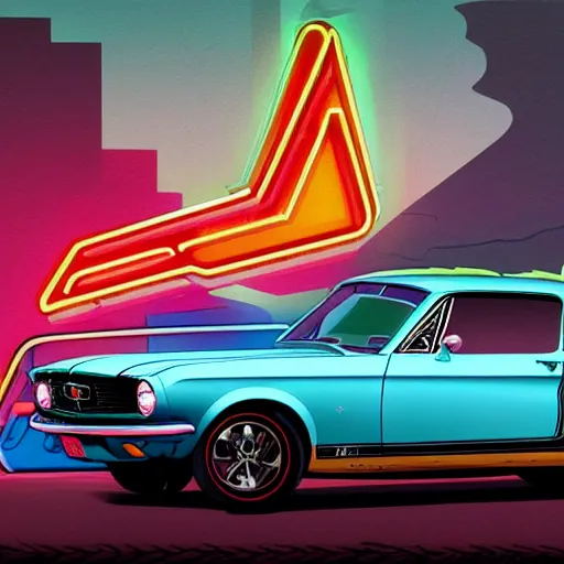 Prompt: a detailed render of a neon colored batmobile in a 1 9 6 7 ford mustang fastback, vector art, art by john collier and albert aublet and krenz cushart and artem demura and alphonse mucha, cosmic, heavenly, god rays, intricate detail, cinematic, 8 k, cel shaded, unreal engine, featured on artstation, pixiv