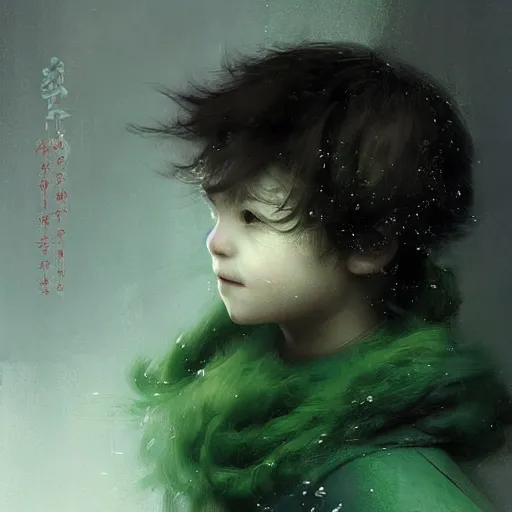 Prompt: a young boy of just 14 with Snow White! hair! and glowing green! eyes who can walk through walls, disappear, and fly. Ruan Jia