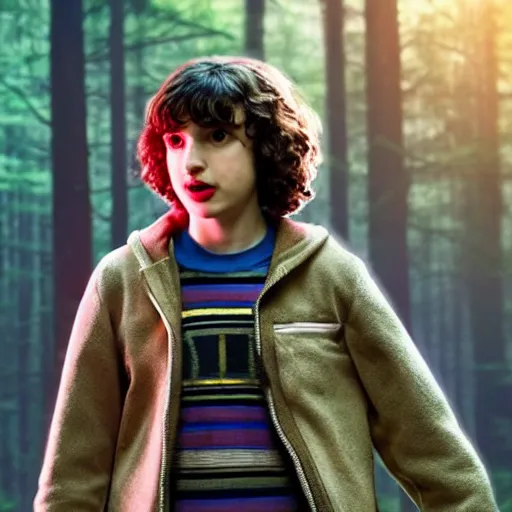 Prompt: Finn Wolfhard (Mike Wheeler) for Stranger Things holding a gun and running in a forest, dramatic lighting, cinematic, establishing shot, extremely high detail, photo realistic, cinematic lighting