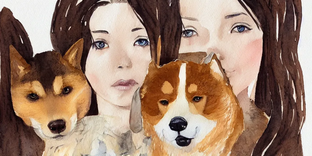 Prompt: a watercolor illustration of a girl with brown hair, hazel eyes and freckles, with a shiba inu