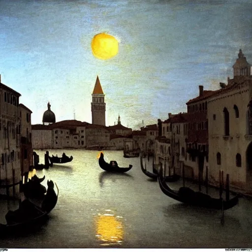 Image similar to A beautiful backlight sunset scene of historic Venice with gondola and reflective water in the style of Johannes Vermeer