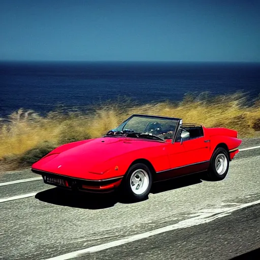 Image similar to “an action photograph of a black 1972 Ferrari Daytona Spyder racing along the Pacific Coast Highway, ocean in the background”