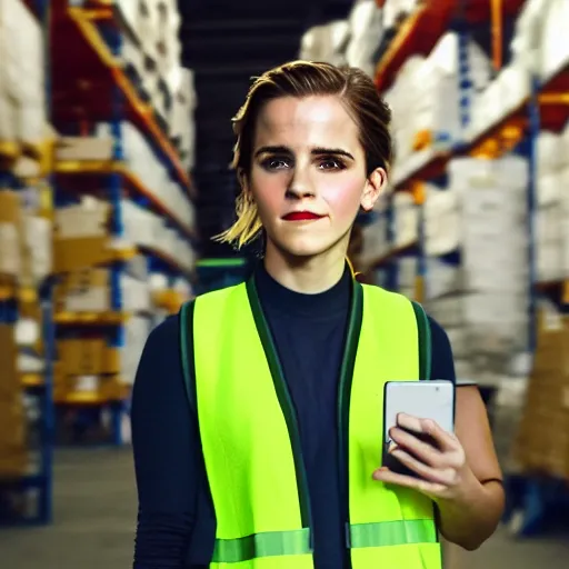 Prompt: photo, close up, emma watson in a hi vis vest, in warehouse, soft light, android cameraphone, snapchat story screenshot, 2 6 mm,