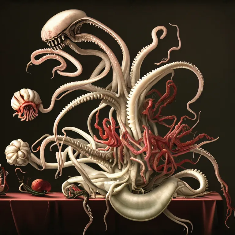 Prompt: still life of xenomorph alien surreal flowers on a table, alien squid, white octopus, , surreal alien ribbed fruit, human spine, baroque painting, beautiful detailed intricate insanely detailed octane render trending on Artstation, 8K artistic photography, photorealistic, chiaroscuro, Raphael, Caravaggio, infrared photo