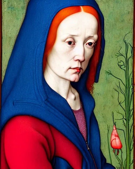 Prompt: portrait of a woman with red hair, wearing a neon blue hoodie, standing in a botanical garden, intricate details, high detail, in the style of rogier van der weyden and jacopo da pontormo, by mark ryden, punk,