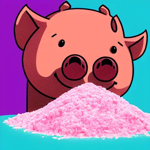 Prompt: comic art of a cute far pig sitting on pile of pink salt, drawn by Alan Moore, vivid color, cgsociety 4K