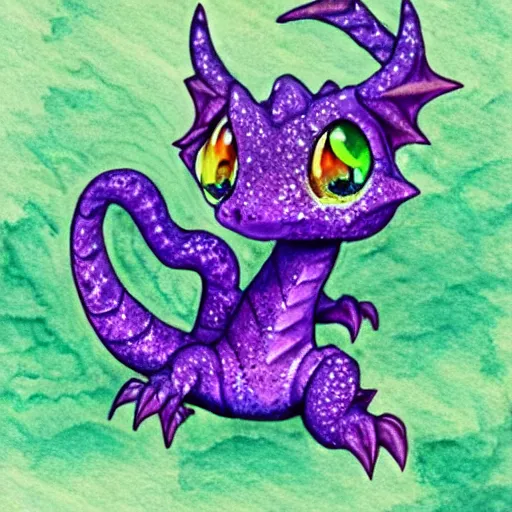 Prompt: adorable baby dragon, the dragon is purple and glittery, fantasy concept art, pastels, ethereal fairytale, watercolor kawaii