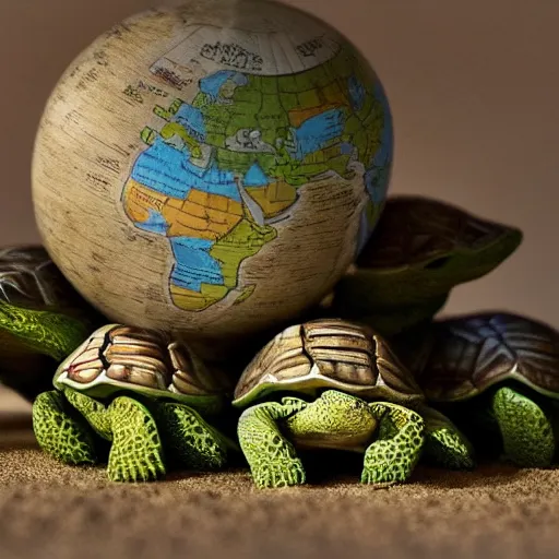 Image similar to a stack of turtles beneath a globe of the earth, earth globe on top