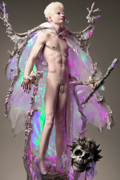 Image similar to full-body rococo and cyberpunk delicate neon crystalline sculpture of ((young muscular albino prince Sean Mendez)) as an iridescent humanoid deity wearing a thin see-through ((plastic hooded cloak)) (holding a human skull) in a white castle dungeon, reclining con (((las piernas abiertas))), glowing pink face, crown of (pink lasers), large blue diamonds, swirling black silk fabric. futuristic elements. oozing glowing liquid, full-length view. space robots. intricate artwork by caravaggio. Trending on artstation, octane render, cinematic lighting from the right, hyper realism, octane render, 8k, depth of field, 3D