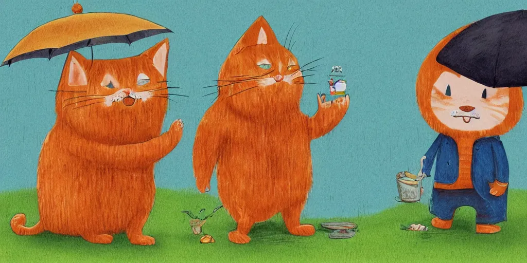 Image similar to a beard man and an orange tabby kitten standing in the rain by richard scarry