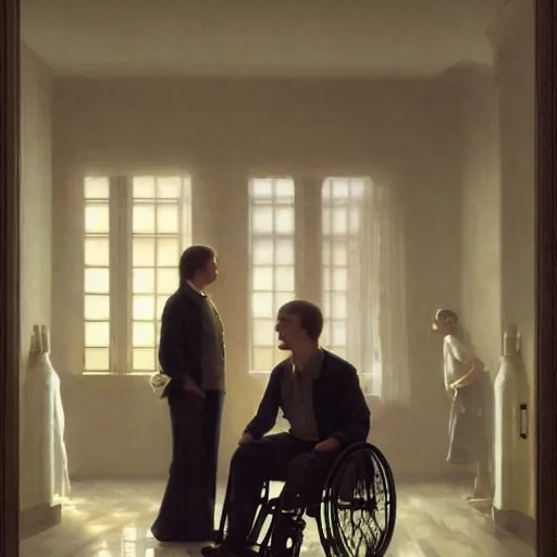 Prompt: a male patient in a wheelchair in the hospital with his wife and son standing by. happy, cheerful, smiling, intricate, face enhance, sharp focus, cinematic lighting, 8 k, art by greg rutkowski, william adolphe bouguereau