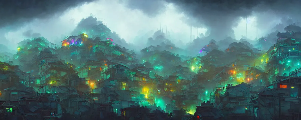 Image similar to cloud forest neon favelas by peter mohrbacher and craig mullins and james jean and marc simonetti