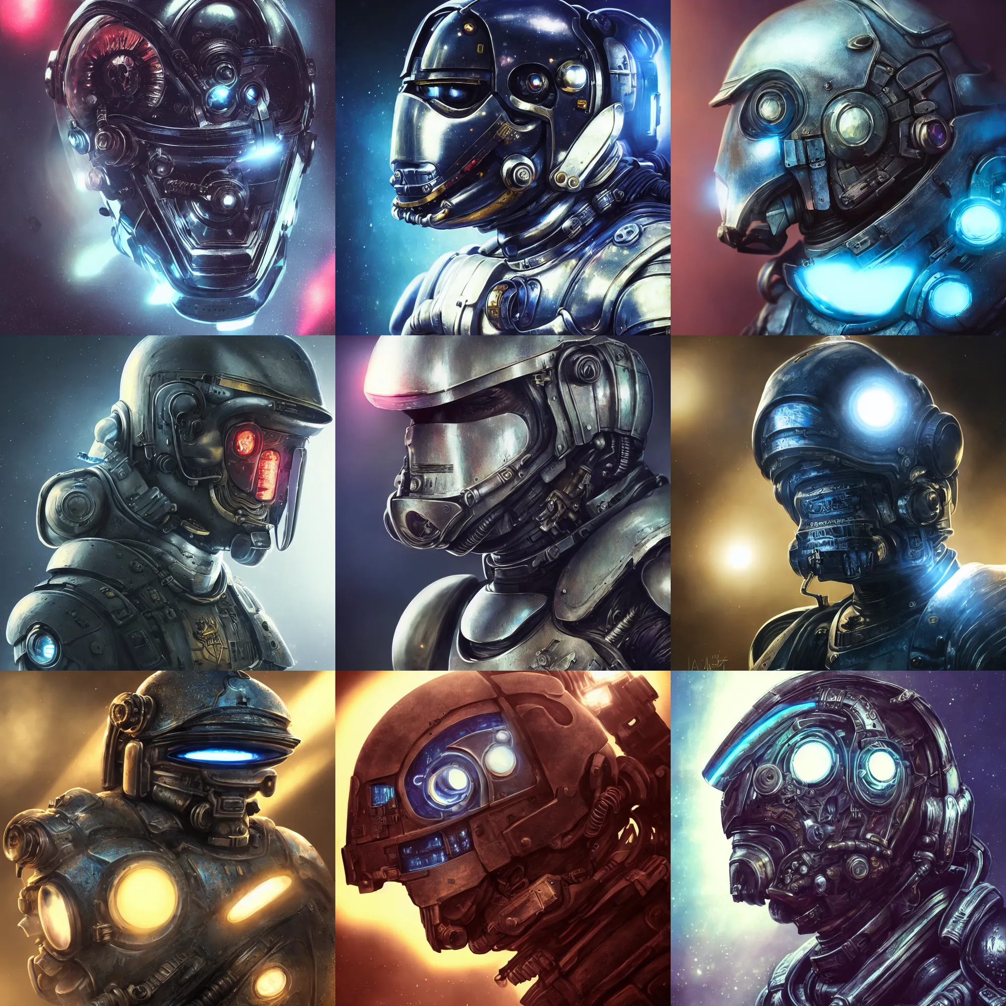 Image similar to portrait art of 8k ultra realistic retro futuristic space marine helmet, lens flare, atmosphere, glow, detailed,intricate,blade runner, cybernetic, full of colour, cinematic lighting, trending on artstation, 4k, hyperrealistic, focused, extreme details,unreal engine 5, cinematic, masterpiece, art by ayami kojima, giger