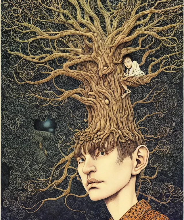 Image similar to portrait painted in jacek yerka style drawn by vania zouravliov and takato yamamoto, inspired by the giving tree, intricate acrylic gouache painting, high detail, sharp high detail, artstation