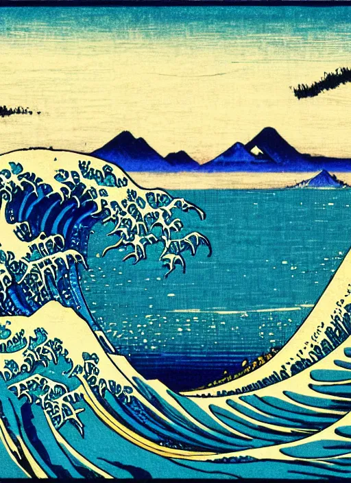 Image similar to a painting of waves in the ocean with mountains in the background, a woodcut by utagawa hiroshige ii, pixiv, ukiyo e, ukiyo e, vaporwave, woodcut