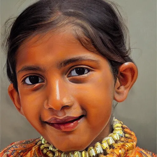 Prompt: high quality high detail painting by lucian freud, hd, smiling cute indian girl portrait, photorealistic lighting