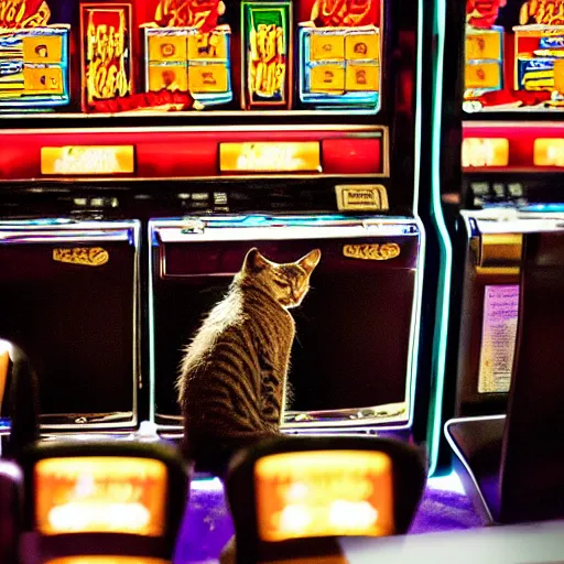 Prompt: cats sitting at the slot machines in a casino gambling and smoking cigarettes