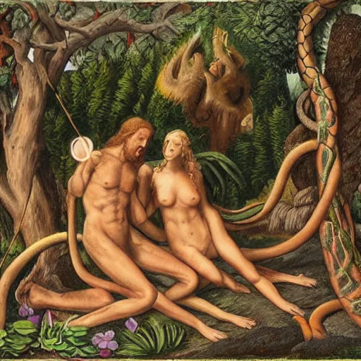 Image similar to adam and eve siting in the garden of eden rosting a snake over a campfire ultrarealistic 1 5 0 mpx