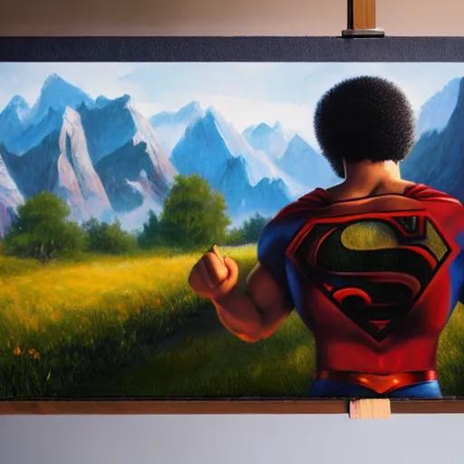 Image similar to a closeup photorealistic photograph of bob ross working on a canvas painting of superman. film still. brightly lit scene. mountains and trees. this 4 k hd image is trending on artstation, featured on behance, well - rendered, extra crisp, features intricate detail, epic composition and the style of unreal engine.