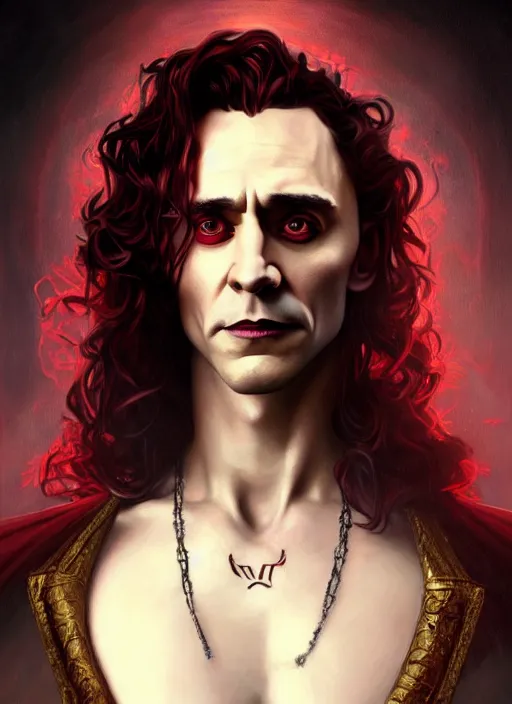 Image similar to portrait of tom hiddleston as a vampire lord, crimson peek, jewelry, greek, ruby, intricate, headshot, highly detailed, digital painting, artstation, concept art, sharp focus, cinematic lighting, illustration, art by artgerm and greg rutkowski, alphonse mucha, cgsociety