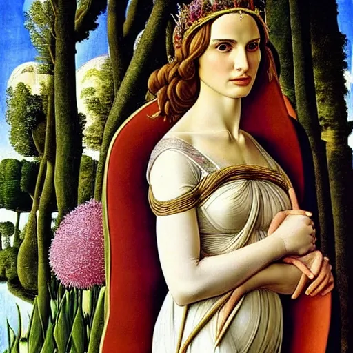 Image similar to natalie portman as the goddess of spring, elegant portrait by sandro botticelli, detailed, symmetrical, intricate