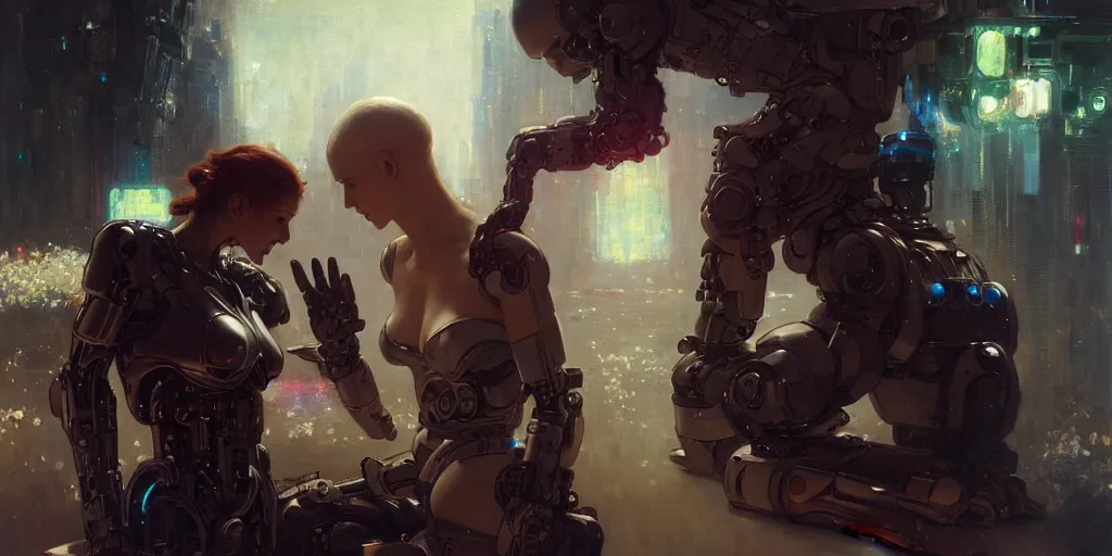 Prompt: male cyborg proposing to female android, by gaston bussiere, anna nikonova aka newmilky, greg rutkowski, yoji shinkawa, yoshitaka amano, tsutomu nihei, muira, moebius, donato giancola, trending on artstation, featured on pixiv h - 1 0 2 4