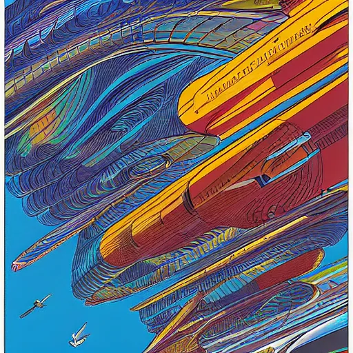 Image similar to A bird's-eye view futurism by jean giraud detailed illustration