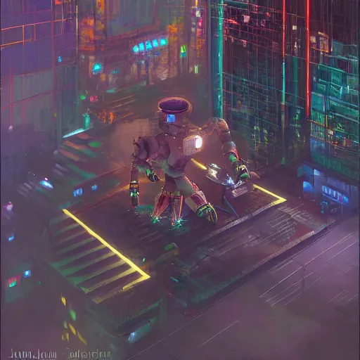 Image similar to extremely detailed realistic digital art render of a ciberpunk mayan robot in a cyberpunk city by night by James Jean y craig mullins street view render in unreal engine, ArtStation, CGSociety