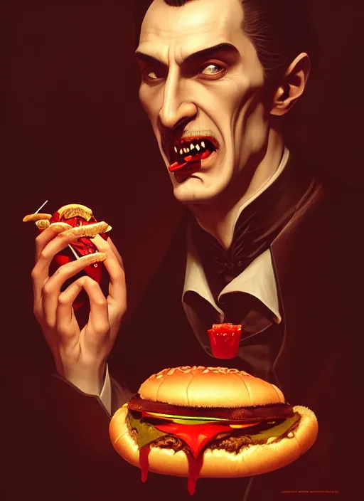 Image similar to portrait of dracula eating a hamburger while reclining, intricate, elegant, glowing candle lights, highly detailed, digital painting, artstation, concept art, smooth, sharp focus, illustration, art by wlop, mars ravelo and greg rutkowski