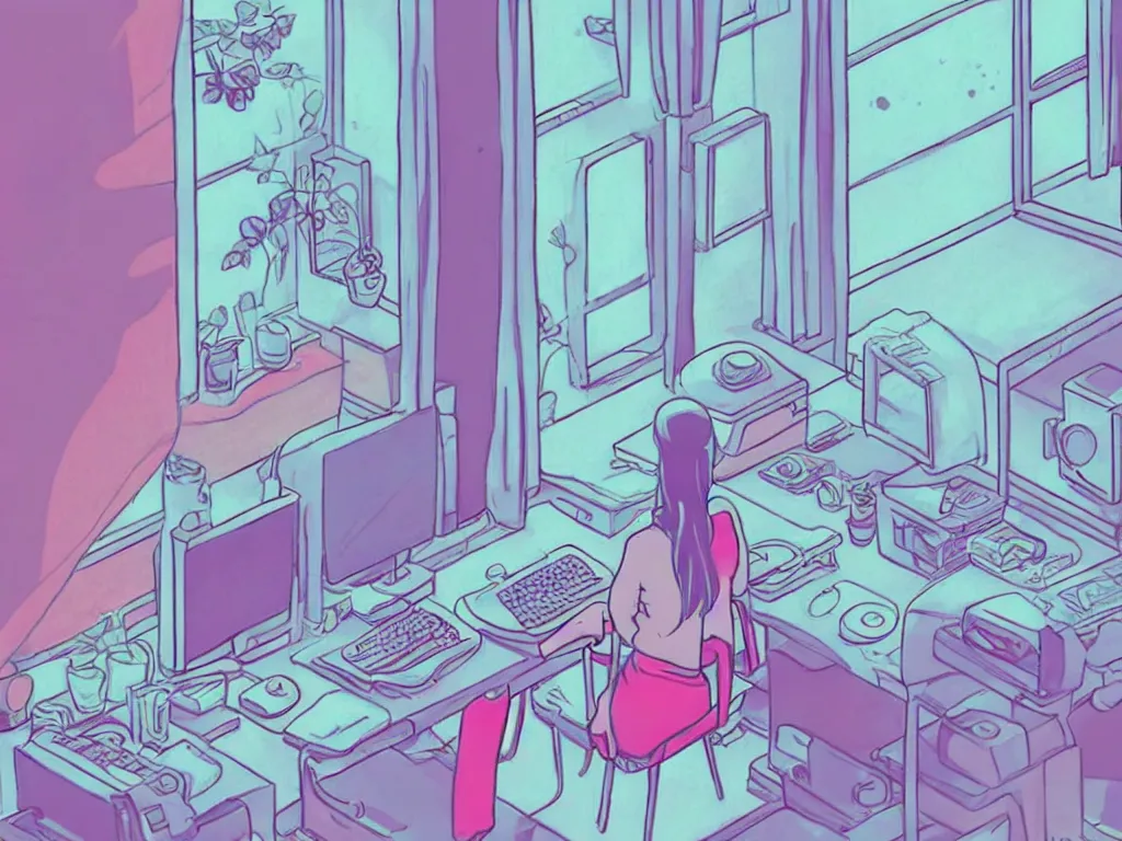 Image similar to beautiful drawing of a female in her small apartment sitting at her computer desk which is in front of a window which looks out to the neon cyber city, style vaporware cartoon japan, low - fi, chill scene, kawaii anime manga style, illustration, aesthetic, minimalistic!! simple, neon pastel, in the style of bryce kho and hayao miyazaki