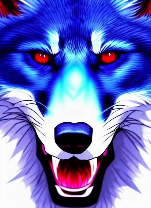 Image similar to blue wolf, red eyes highly detailed, deep focus, digital painting, smooth, sharp focus, anime art style, trending on artstation, 4 k