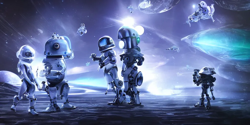 Image similar to futuristic robot babies with rgb ambient lighting eye implants. the robots wears spacesuits, and explores the cosmos on rocket space jet skis. science fiction blockbuster movie teen nebulous or my robot ate my homework, dramatic lighting, style of mandalorian, rougue one, shrek
