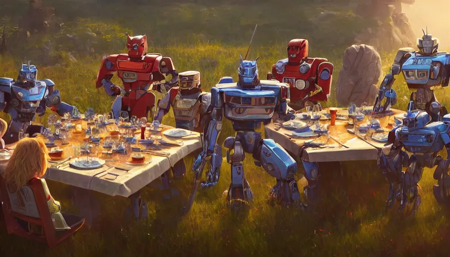 Image similar to a table dinner of transformers robots where robots are dressed like the characters from the midsommar movie, realistic detailed digital art by maxwell boas jessica rossier christian dimitrov anton fadeev trending on artstation cgsociety rendered in unreal engine 4 k hq