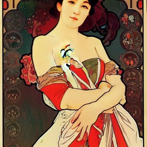 Image similar to beautiful women with oriental faces, character portrait, sharp, art by alphonse maria mucha