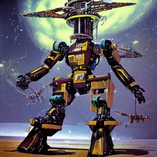 Image similar to humanoid combat mecha by chris foss, rodger dean, moebius, michael whelan